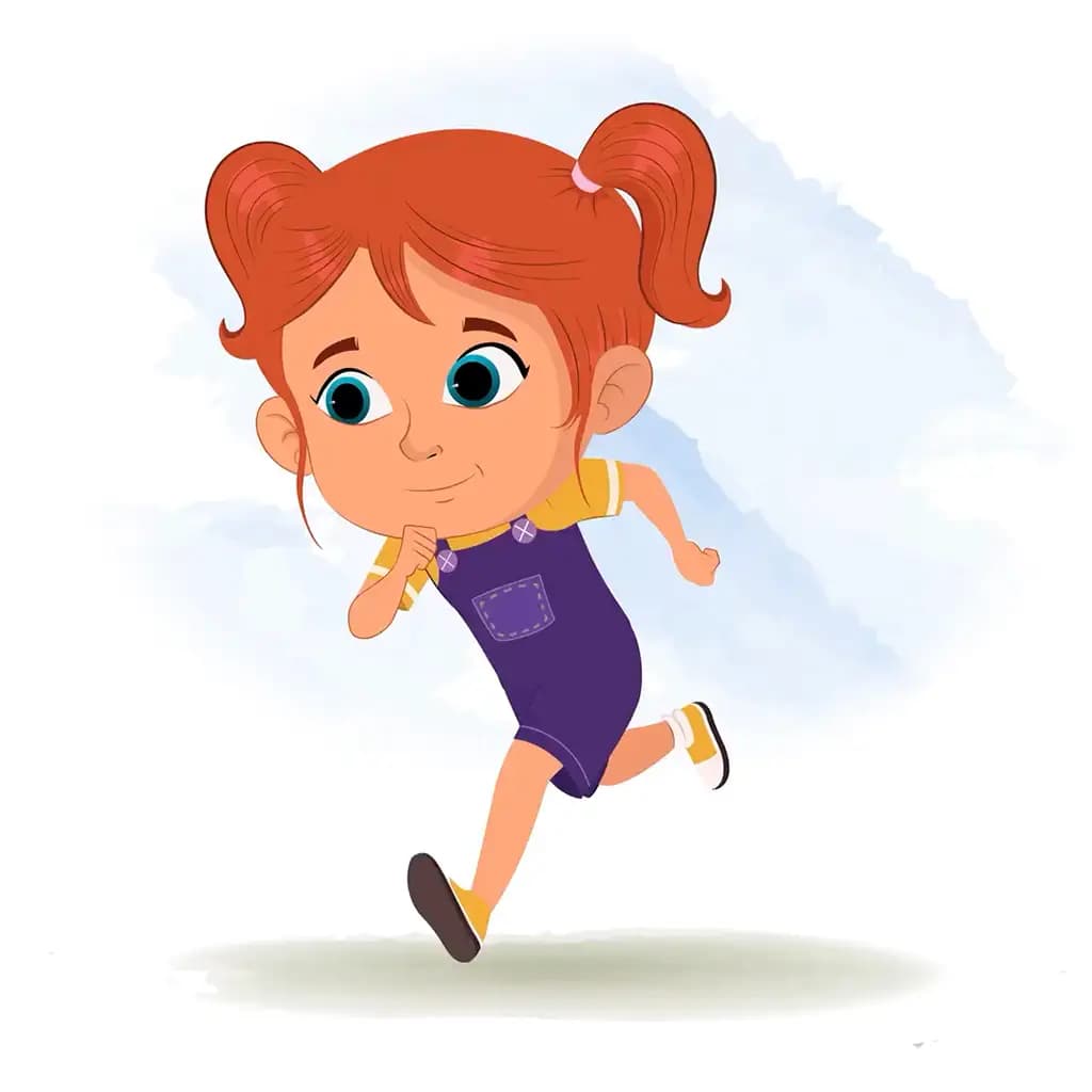 A cute little girl running three quarter view animated cartoon character aka ella 3/4