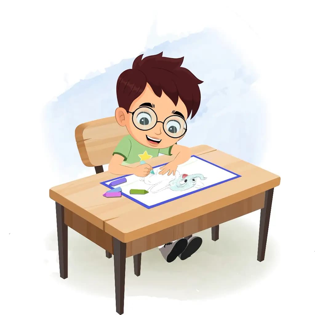 A cute boy is sitting at a table with some crayons and colouring on the paper aka harry