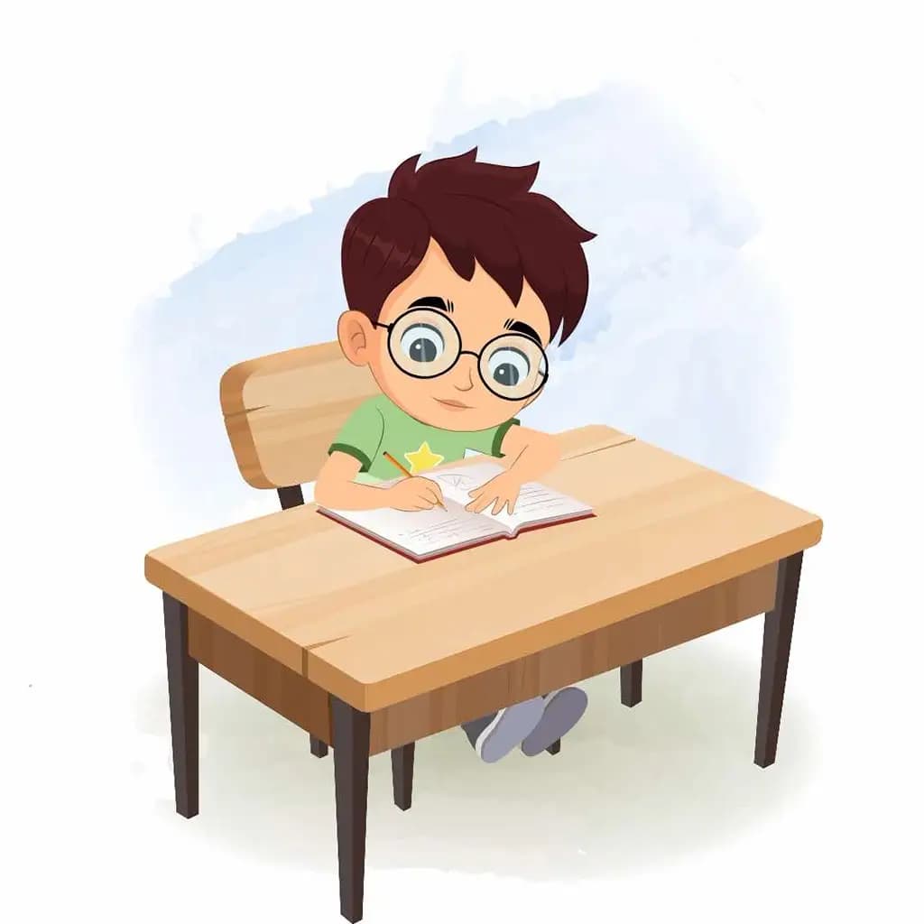 A cute boy doing homework and sitting on the table animated cartoon character aka harry