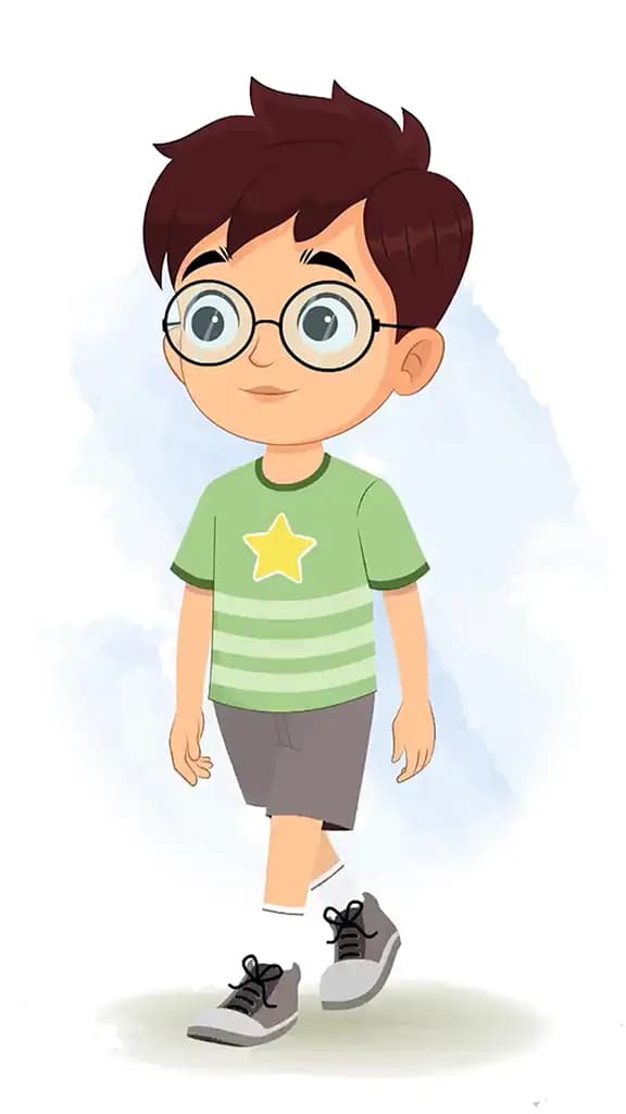 A cute boy 3/4 front view/three quarter view walking animated cartoon character aka harry 3/4