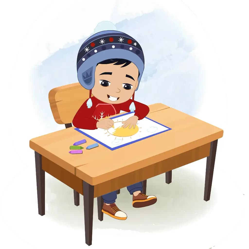 A cute boy is sitting at a table with some crayons and colouring on the paper aka ishaan
