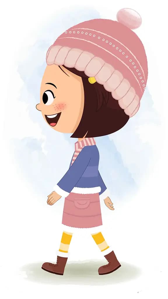 A little girl walking side view animated cartoon character aka misti