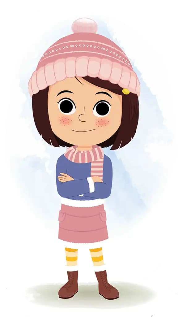 A little girl standing with cross hand and talking animated cartoon character aka misit