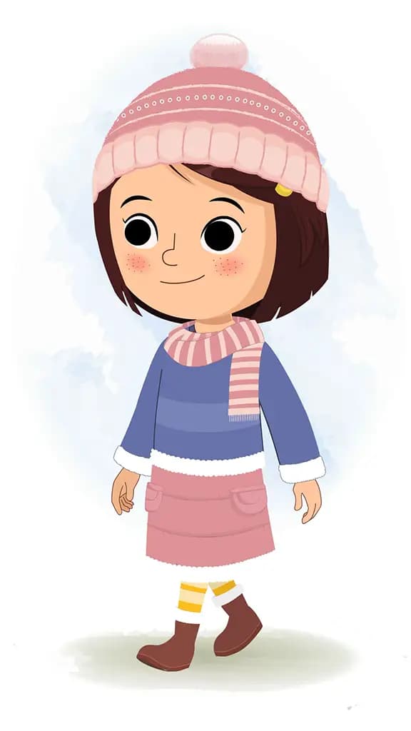 A little girl 3/4 front view/three quarter view walking animated cartoon character aka misti 3/4