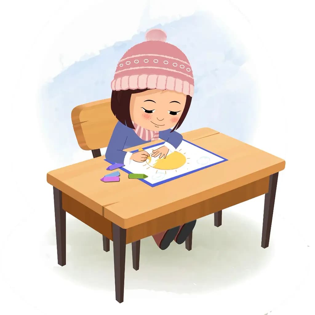 A little girl is sitting at a table with some crayons and coloring on the paper aka misti