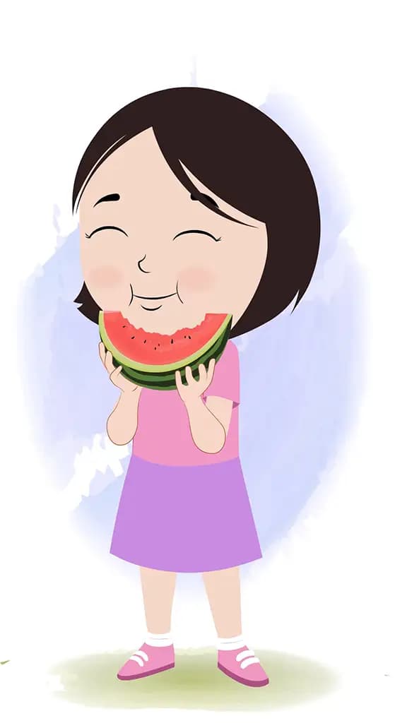A Cute little girl animated cartoon character eating watermelon aka tia