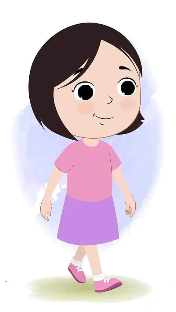 A cute little girl 3/4 front view/three quarter view walking animated cartoon character aka tia