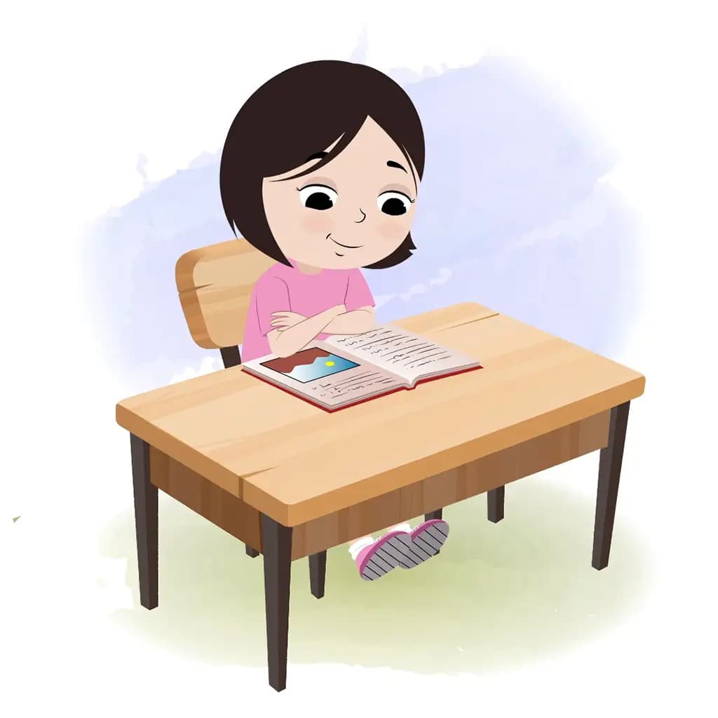 A cute little girl reading a book and sitting on the table animated cartoon character aka tia