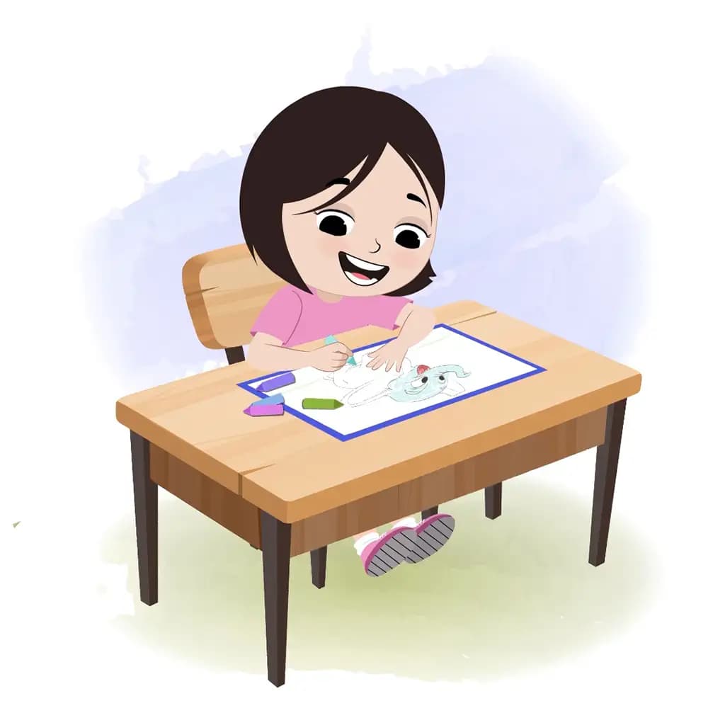 A cute little girl is sitting at a table with some crayons and coloring on the paper aka tia