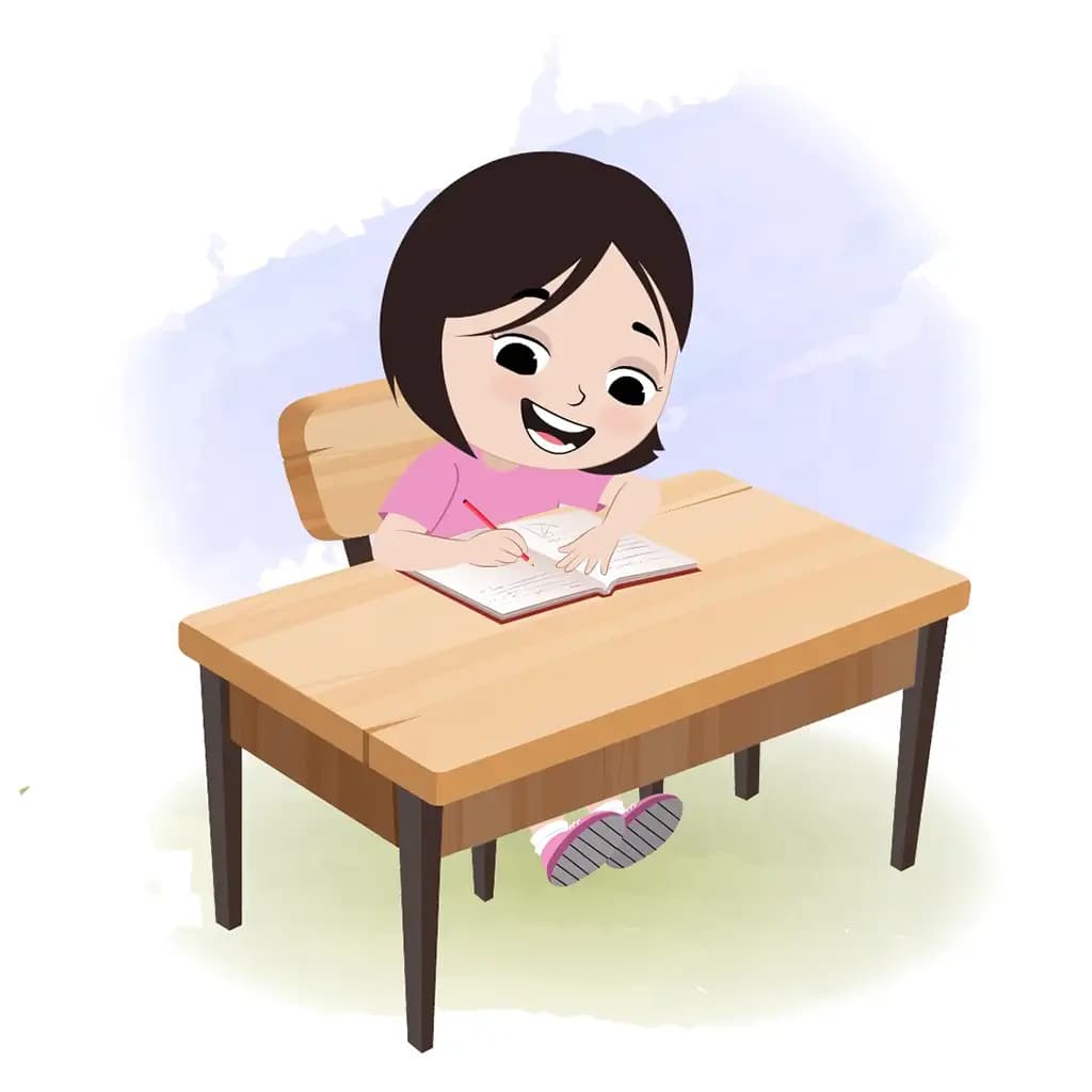 A cute little girl doing homework and sitting on the table animated cartoon character aka tia