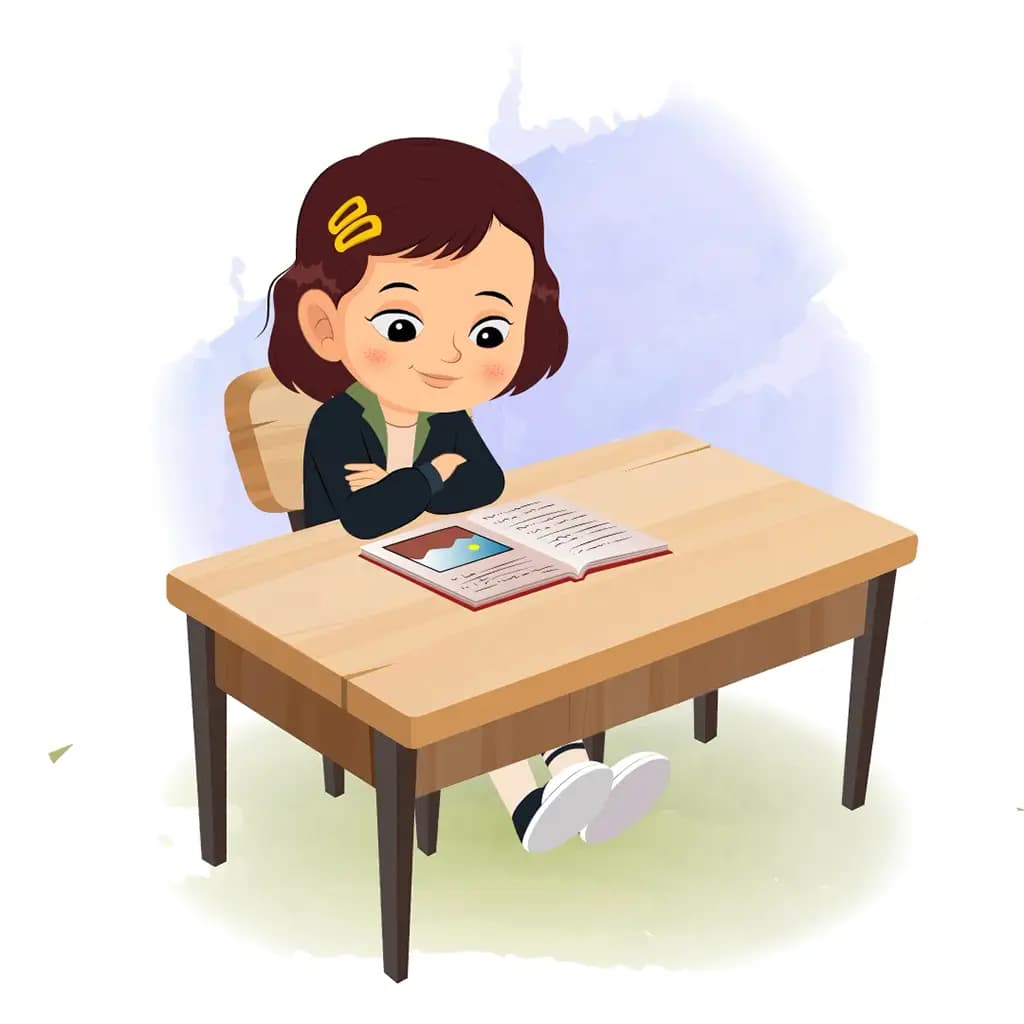 A cute girl reading a book and sitting on the table animated cartoon character aka zoya
