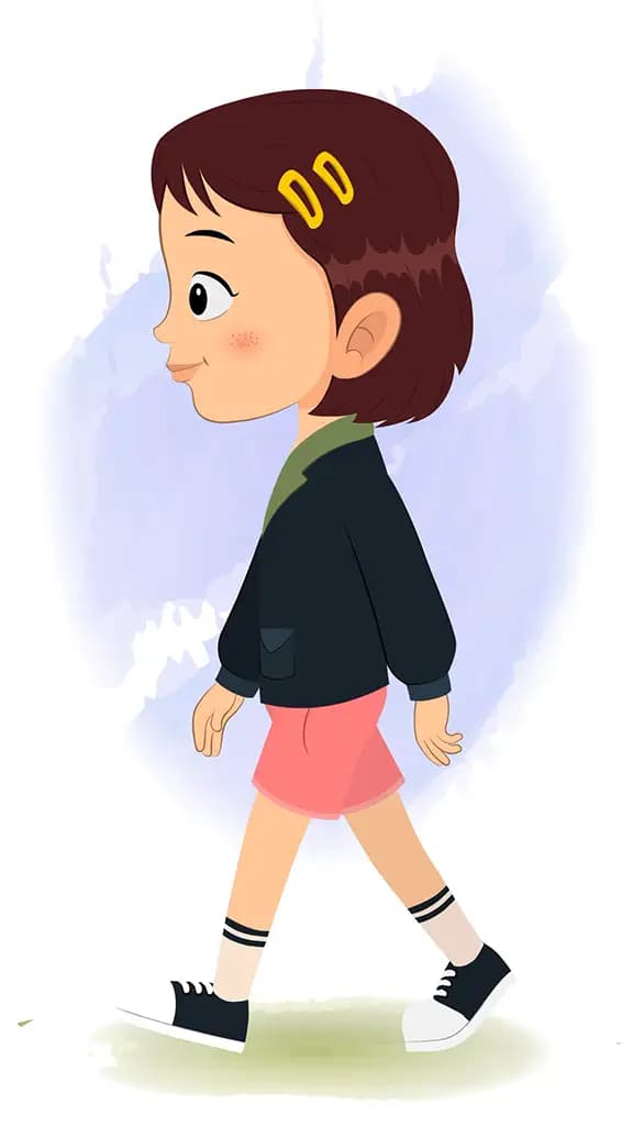 A cute girl walking side view animated cartoon character aka zoya