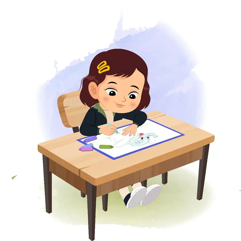 A cute girl is sitting at a table with some crayons and coloring on the paper aka zoya