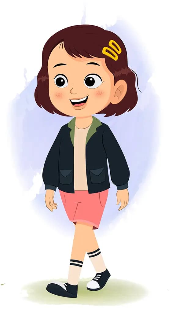 A cute girl 3/4 front view/three quarter view walking animated cartoon character aka zoya