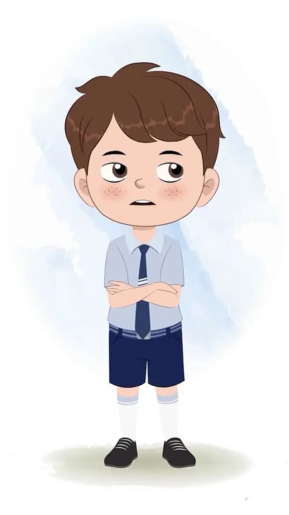 A cute little annoyed school boy animated cartoon character aka patrick