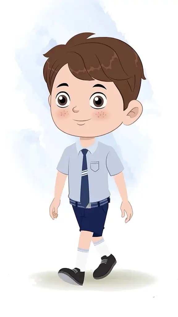 A cute little school boy 3/4 front view/three quarter view walking animated cartoon character aka patrick 3/4