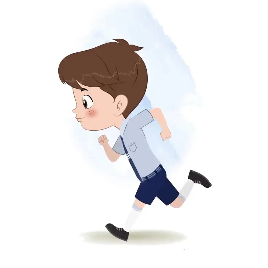 A cute little school boy running fast side view animated cartoon character aka patrick