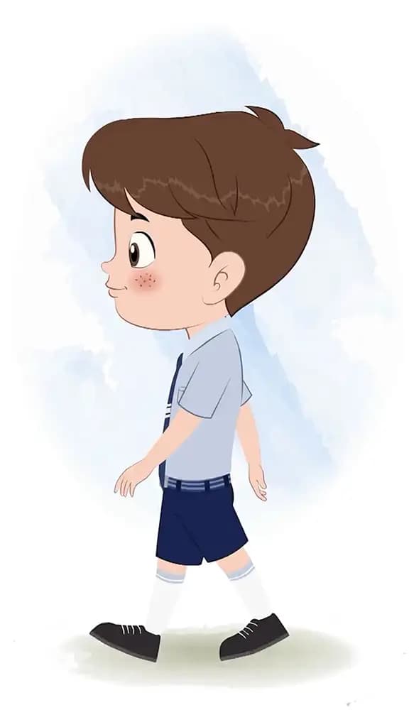A cute little school boy walking side view animated cartoon character aka patrick