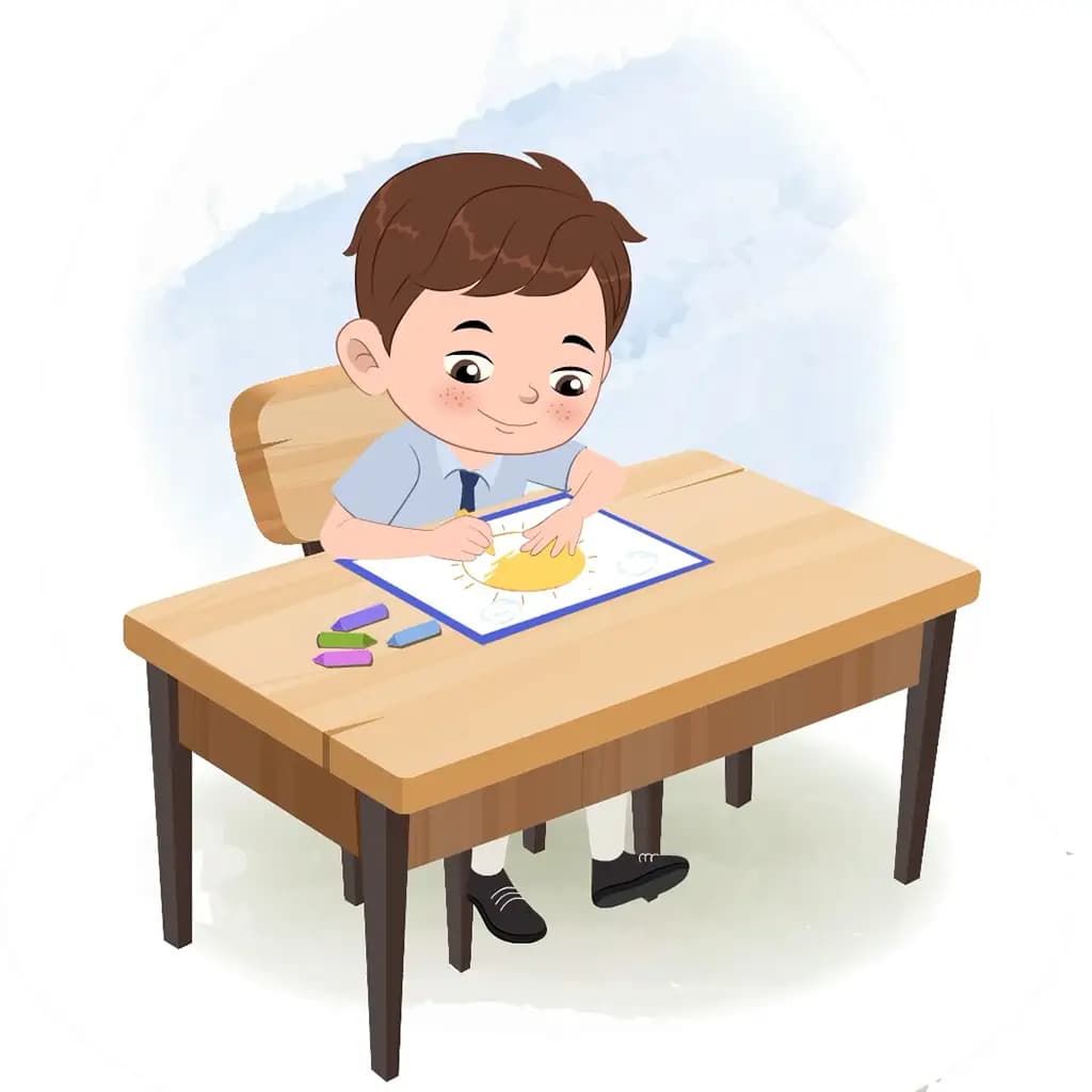 A cute little school boy is sitting at a table with some crayons and colouring on the paper aka patrick