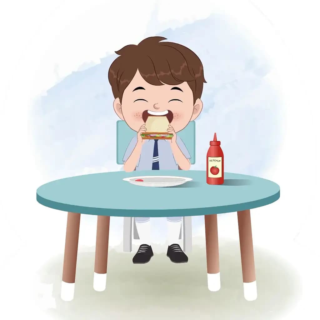 A cute little school boy animated cartoon character sitting at a table and eating a sandwich aka patrick