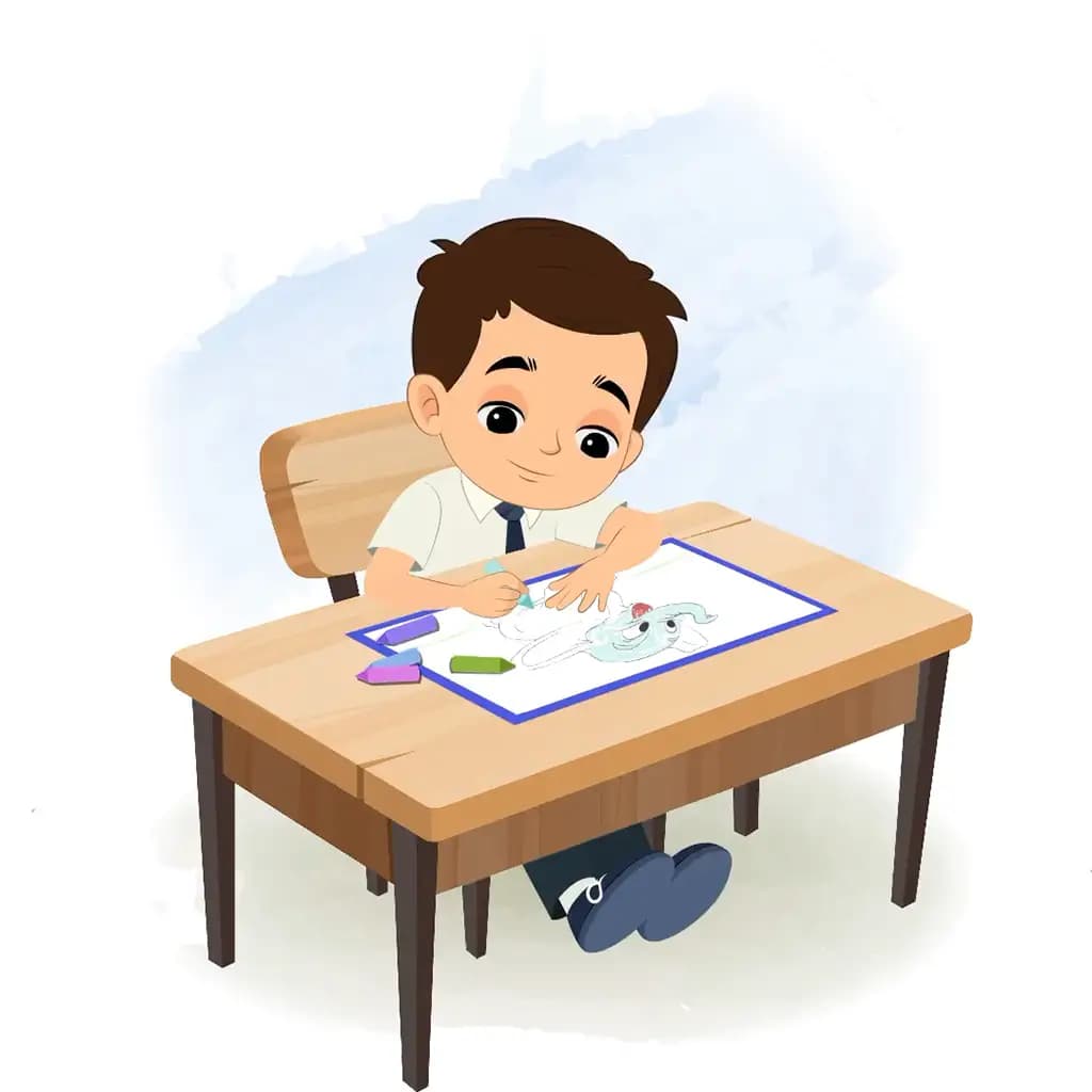 A little school boy is sitting at a table with some crayons and colouring on the paper aka bittu