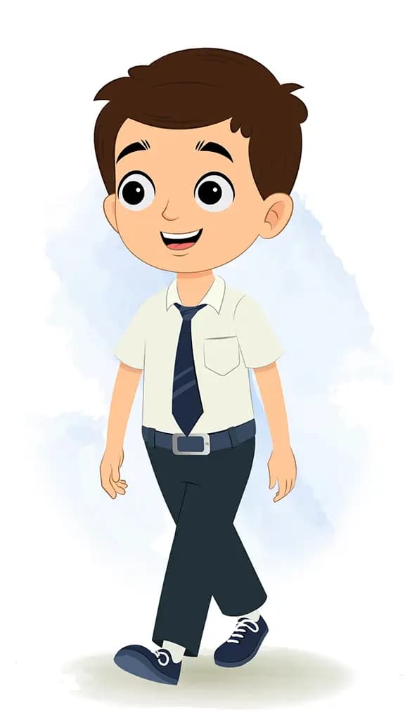A little school boy 3/4 front view/three quarter view walking animated cartoon character aka bittu 3/4