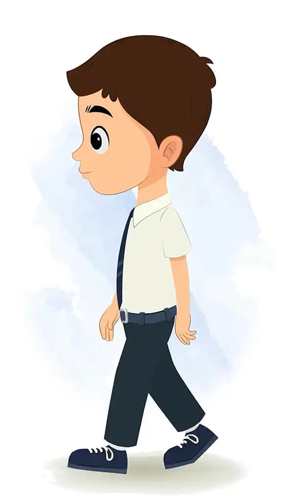 A little school boy walking side view animated cartoon character aka bittu