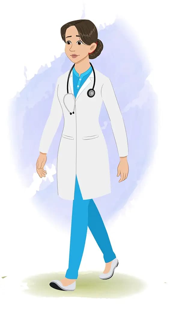 A female radiologist 3/4 front view/three quarter view walking animated cartoon character aka dr. meeru 3/4