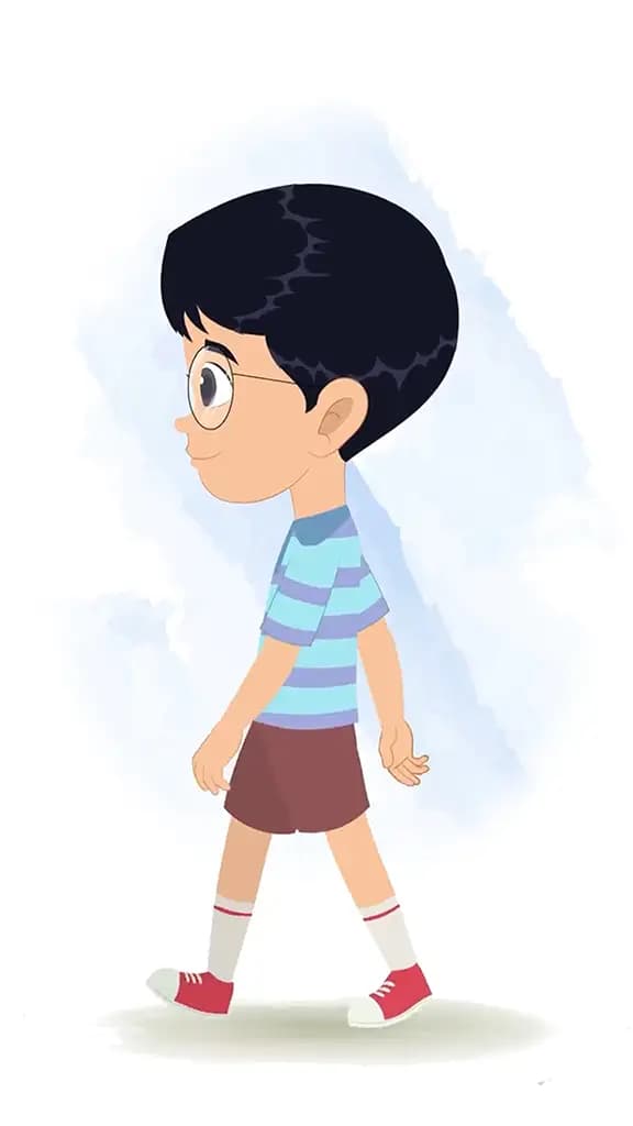A little boy walking side view animated cartoon character aka roy