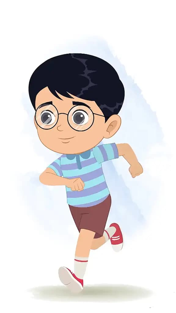 A little boy running three quarter view animated cartoon character aka roy
