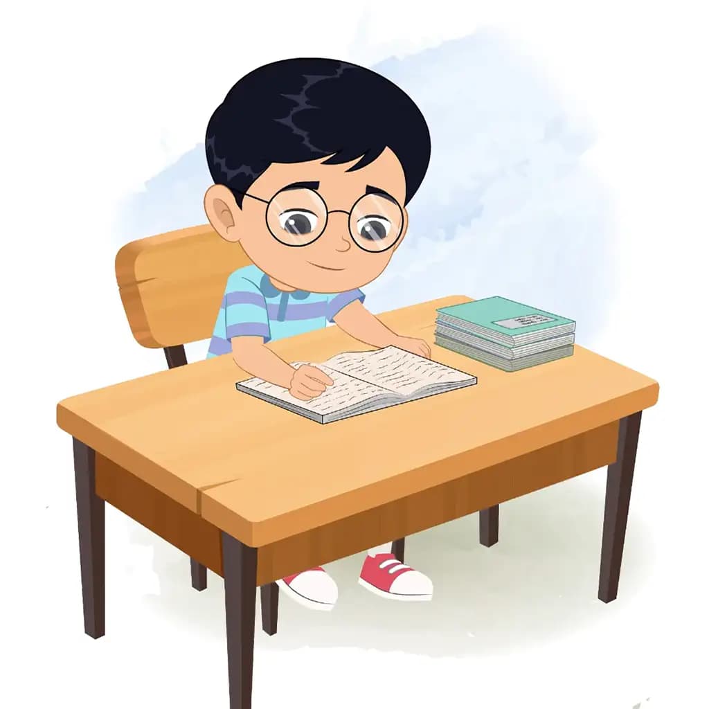 A little boy reading a book and sitting on the table animated cartoon character aka roy