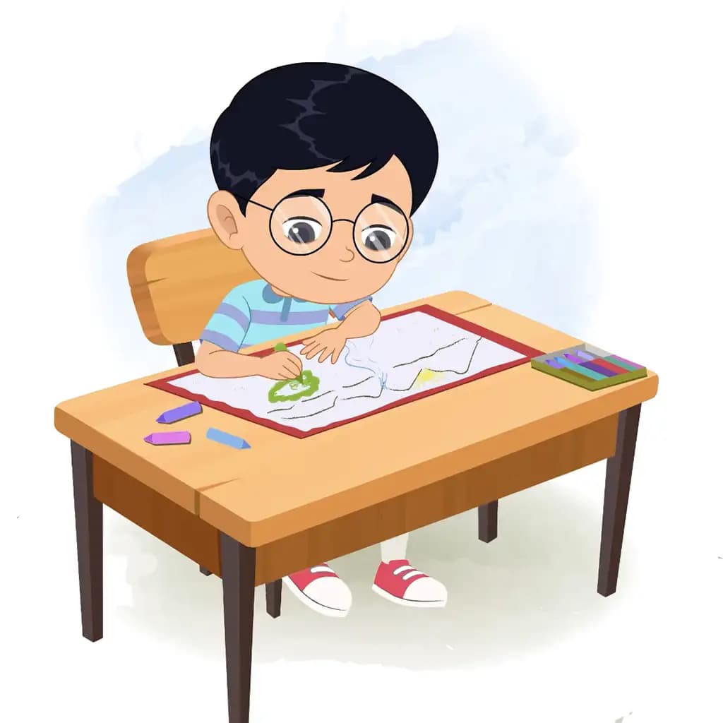 A little boy is sitting at a table with some crayons and colouring on the paper aka roy