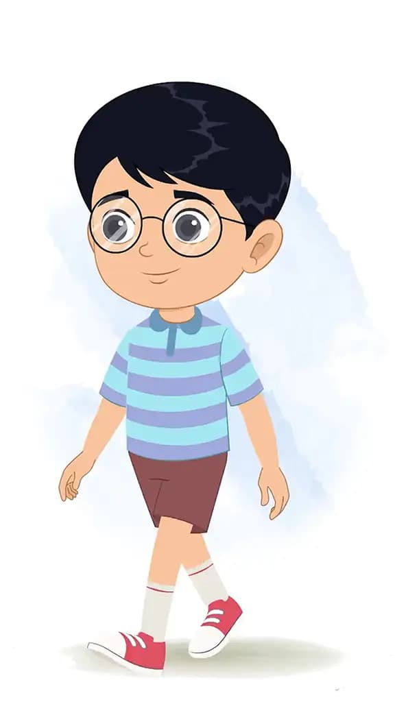 A little boy 3/4 front view/three quarter view walking animated cartoon character aka roy