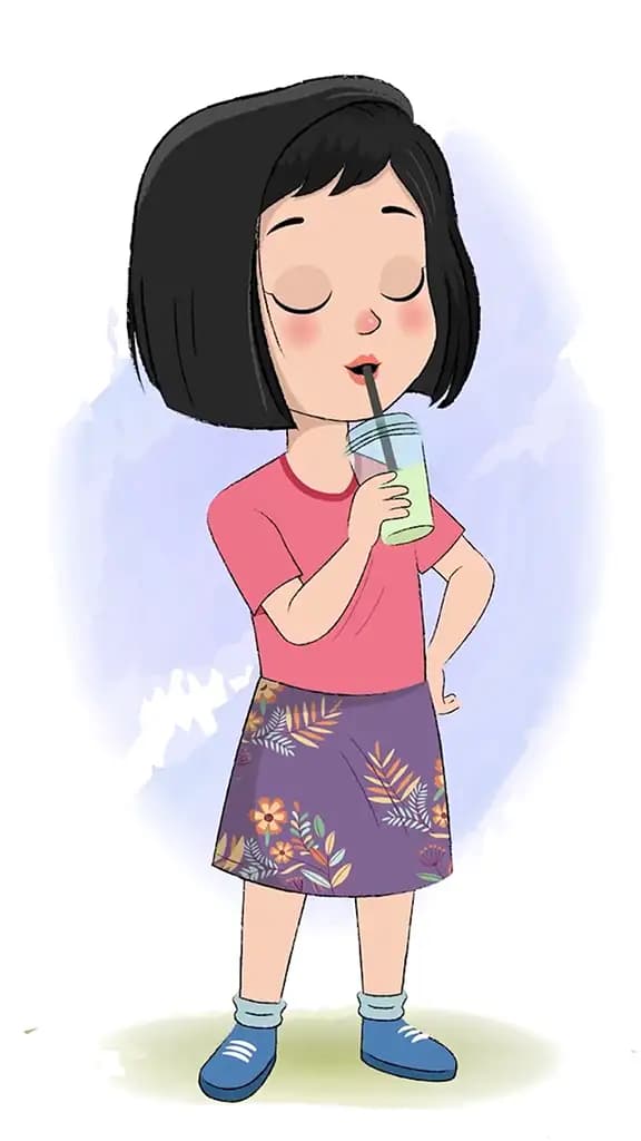 A cute girl animated cartoon character drinking a fresh juice through a straw aka anaya