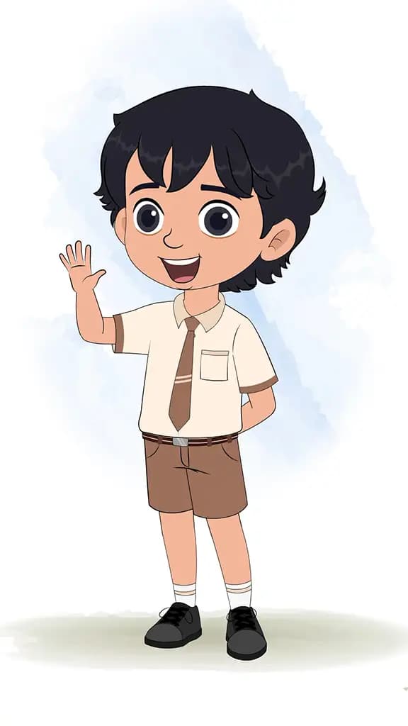 A smart school boy saying hello animated cartoon character aka min min