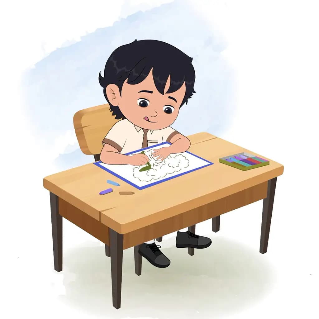 A smart school boy is sitting on a table with some crayons and coloring on the paper aka min min