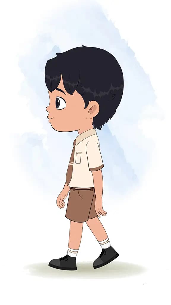 A smart school boy walking side view animated cartoon character aka min min