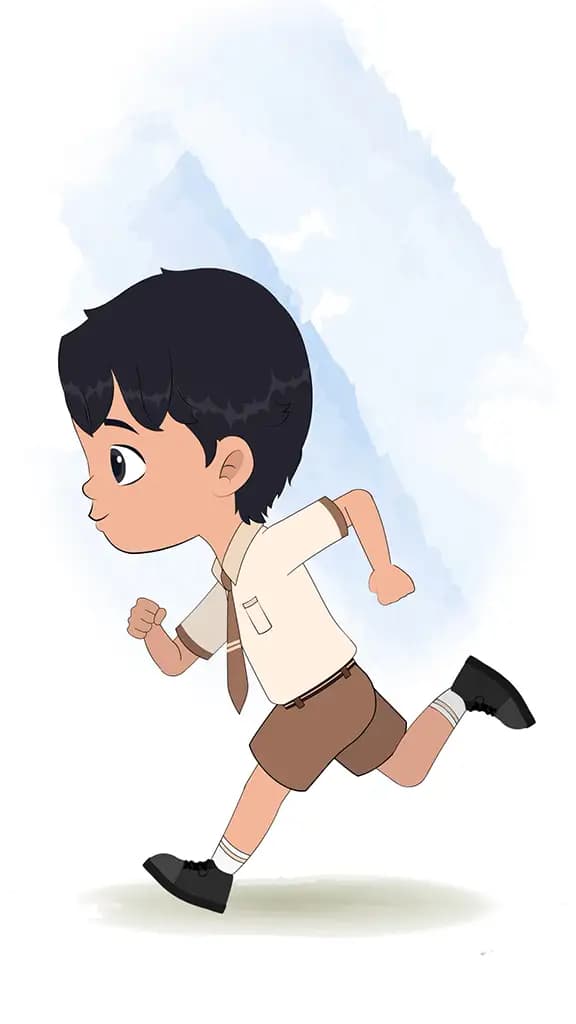 A smart school boy running fast side view animated cartoon character aka min min
