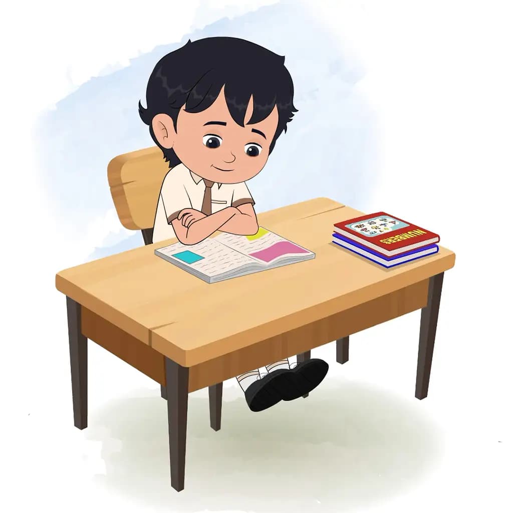 A smart school boy reading a book and sitting on the table animated cartoon character aka min min