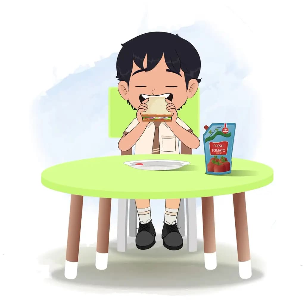 A smart school boy animated cartoon character sitting at a table and eating a sandwich aka min min