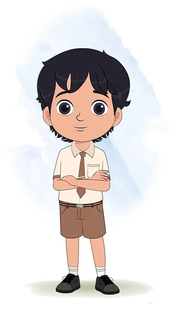 A smart school boy standing with cross hand and talking animated cartoon character aka min min