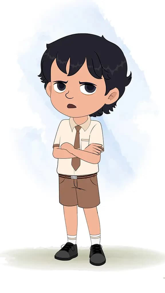 An annoyed smart school boy animated cartoon character aka min min 3/4