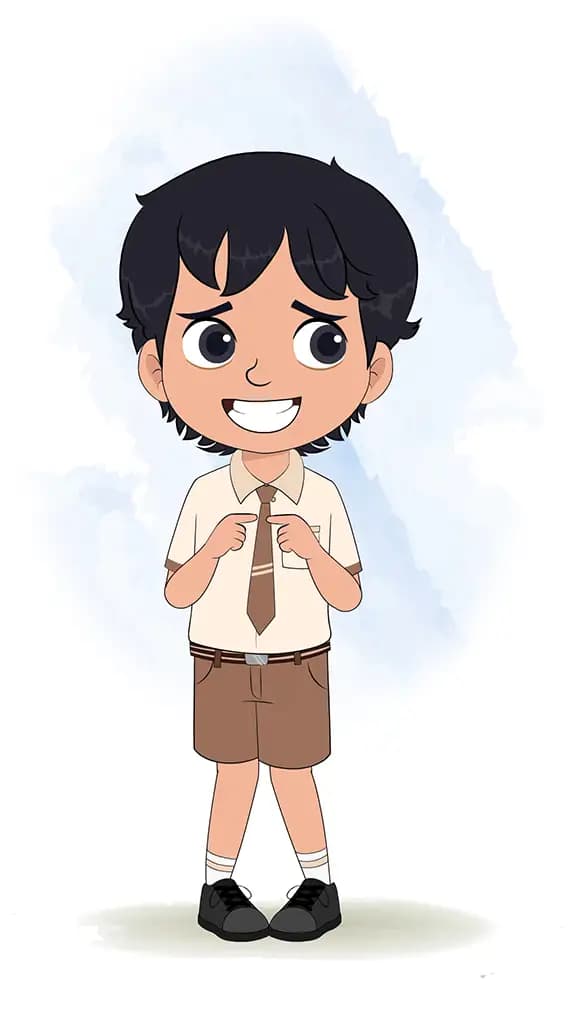 A nervous smart school boy animated cartoon character aka min min