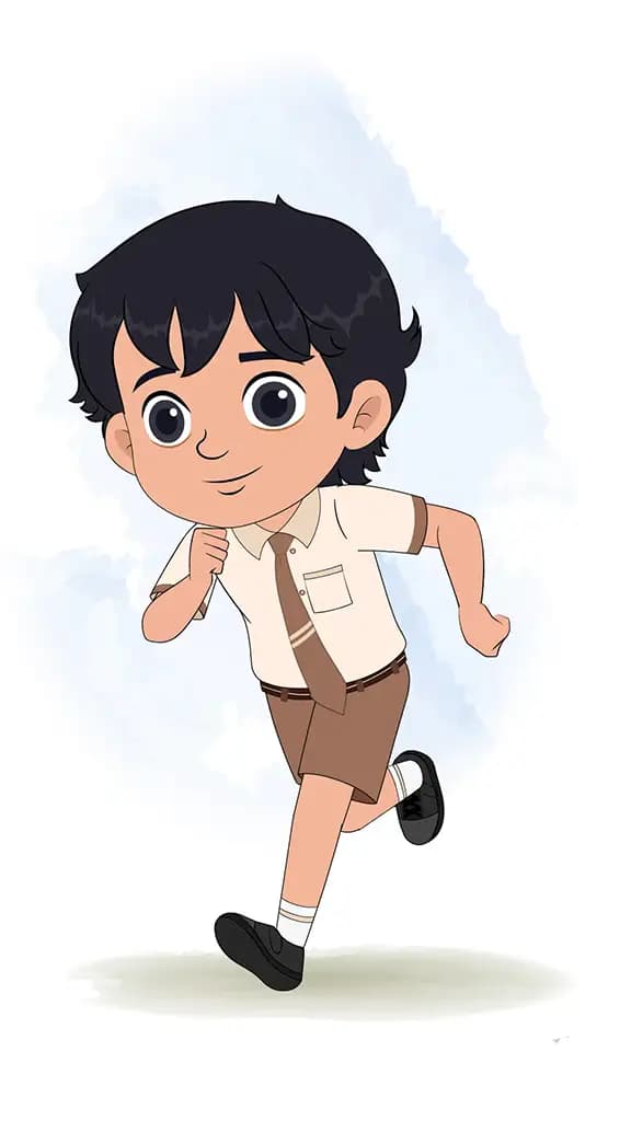 A smart school boy running three quarter view animated cartoon character. A boy three quater view running cartoon aka min min