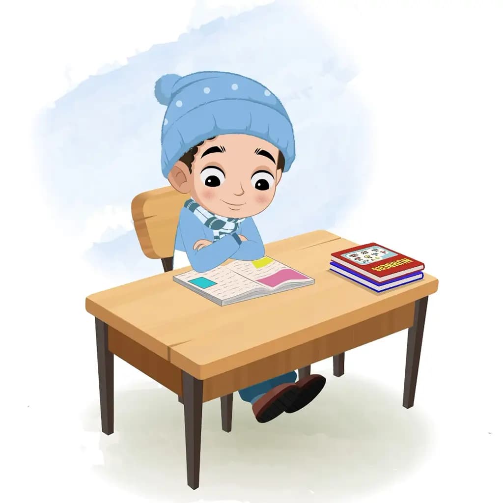 A boy in winter clothes reading a book and sitting on the table animated cartoon character aka sachin