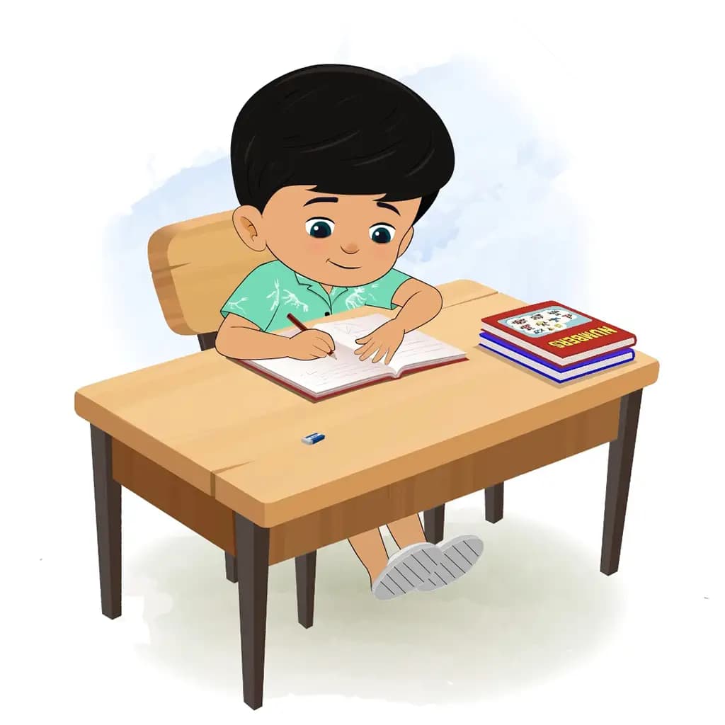 A cute little boy doing homework and sitting on the table animated cartoon character aka rohan