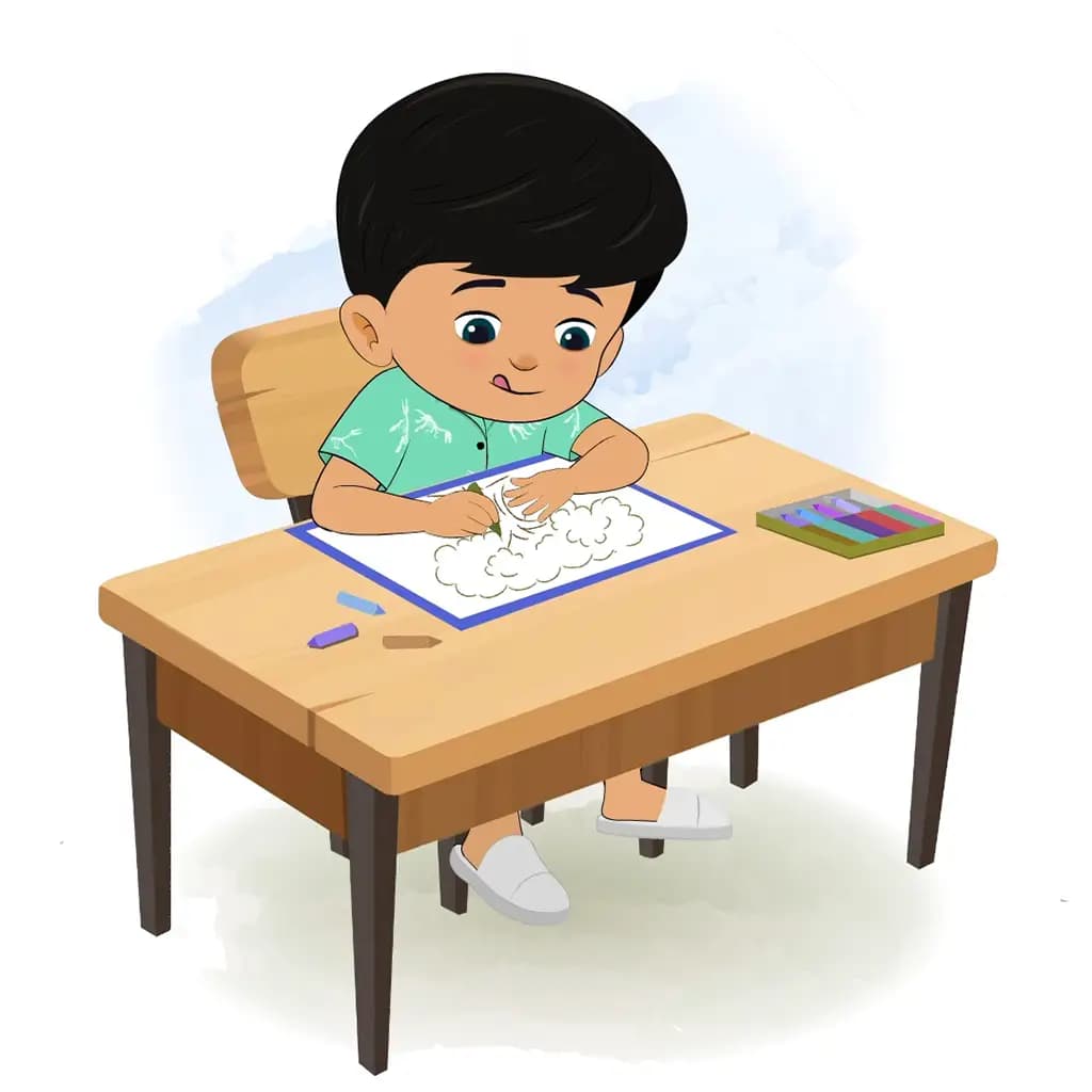A cute little boy is sitting at a table with some crayons and colouring on the paper aka rohan