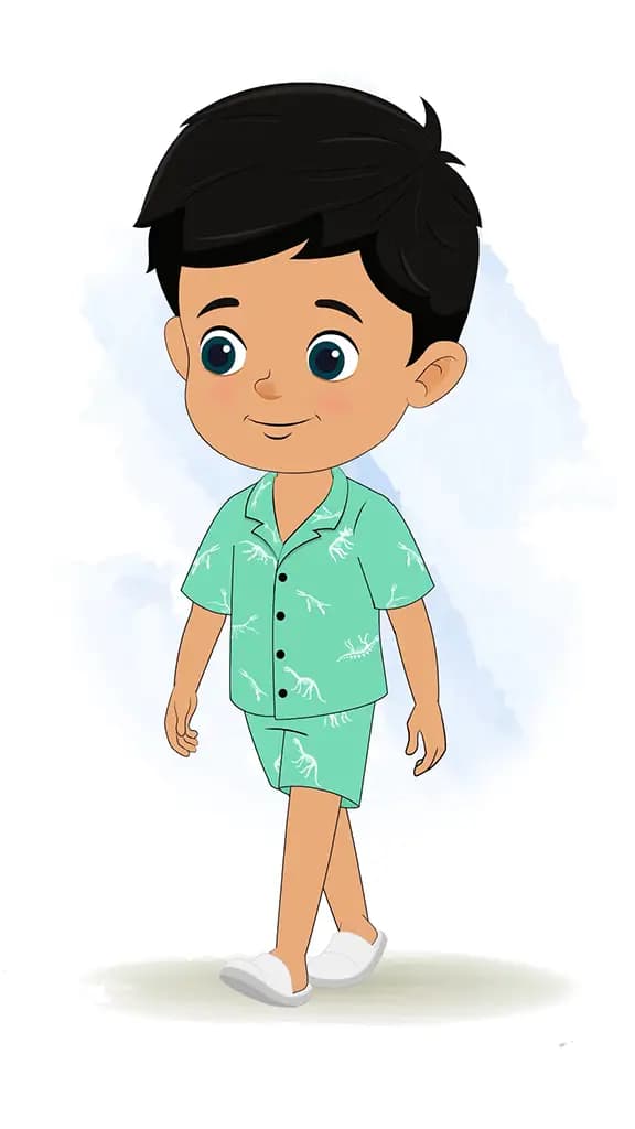 A cute little boy 3/4 front view/three quarter view walking animated cartoon character aka rohan 3/4