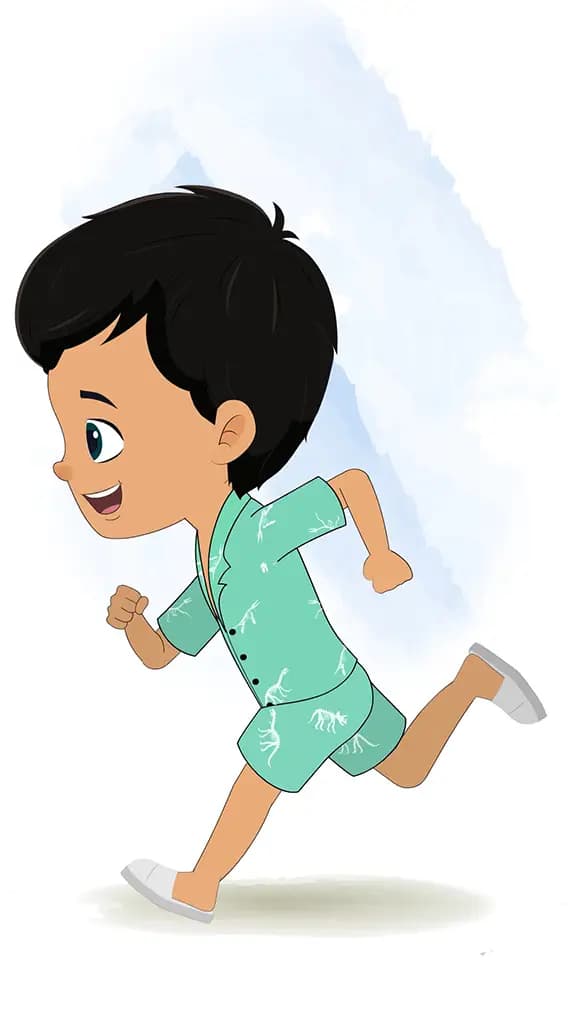 A cute little boy running fast side view animated cartoon character aka rohan