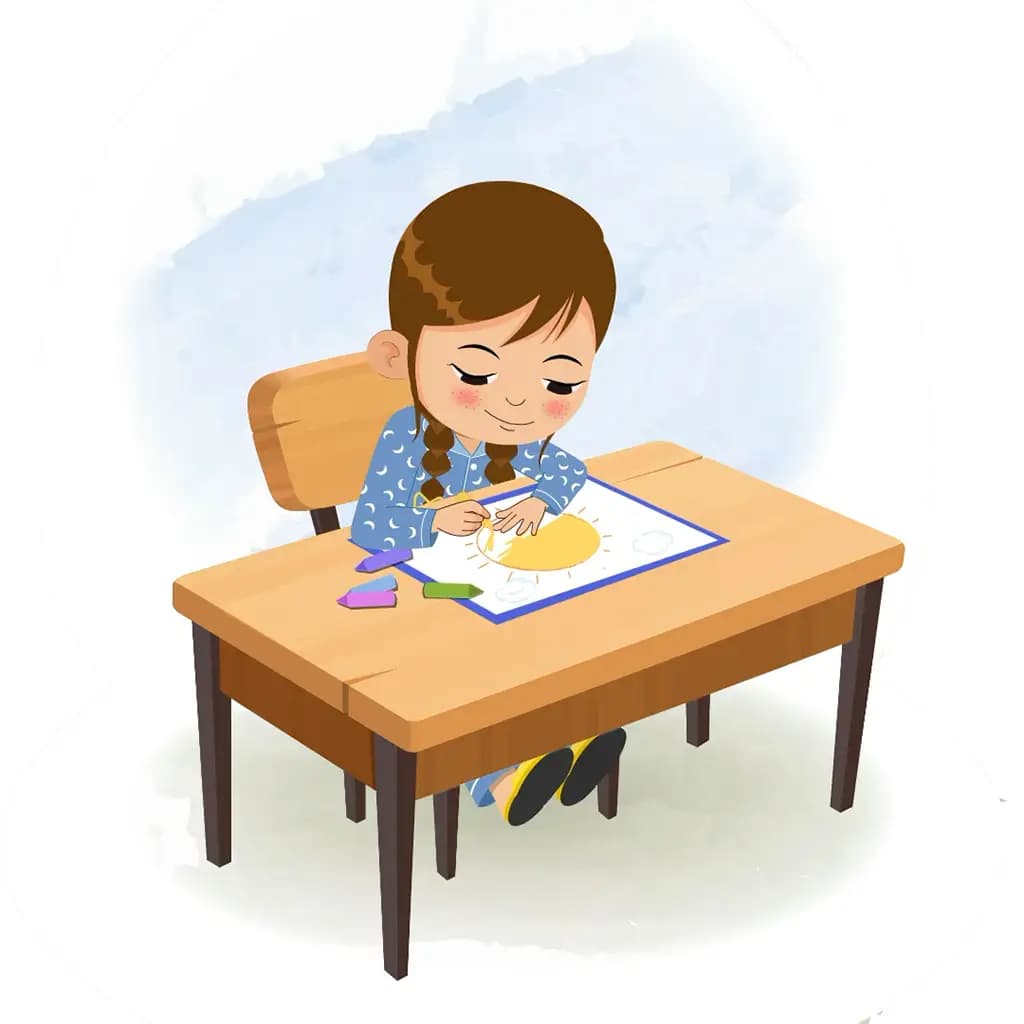 A little cute girl is sitting at a table with some crayons and coloring on the paper aka nancy